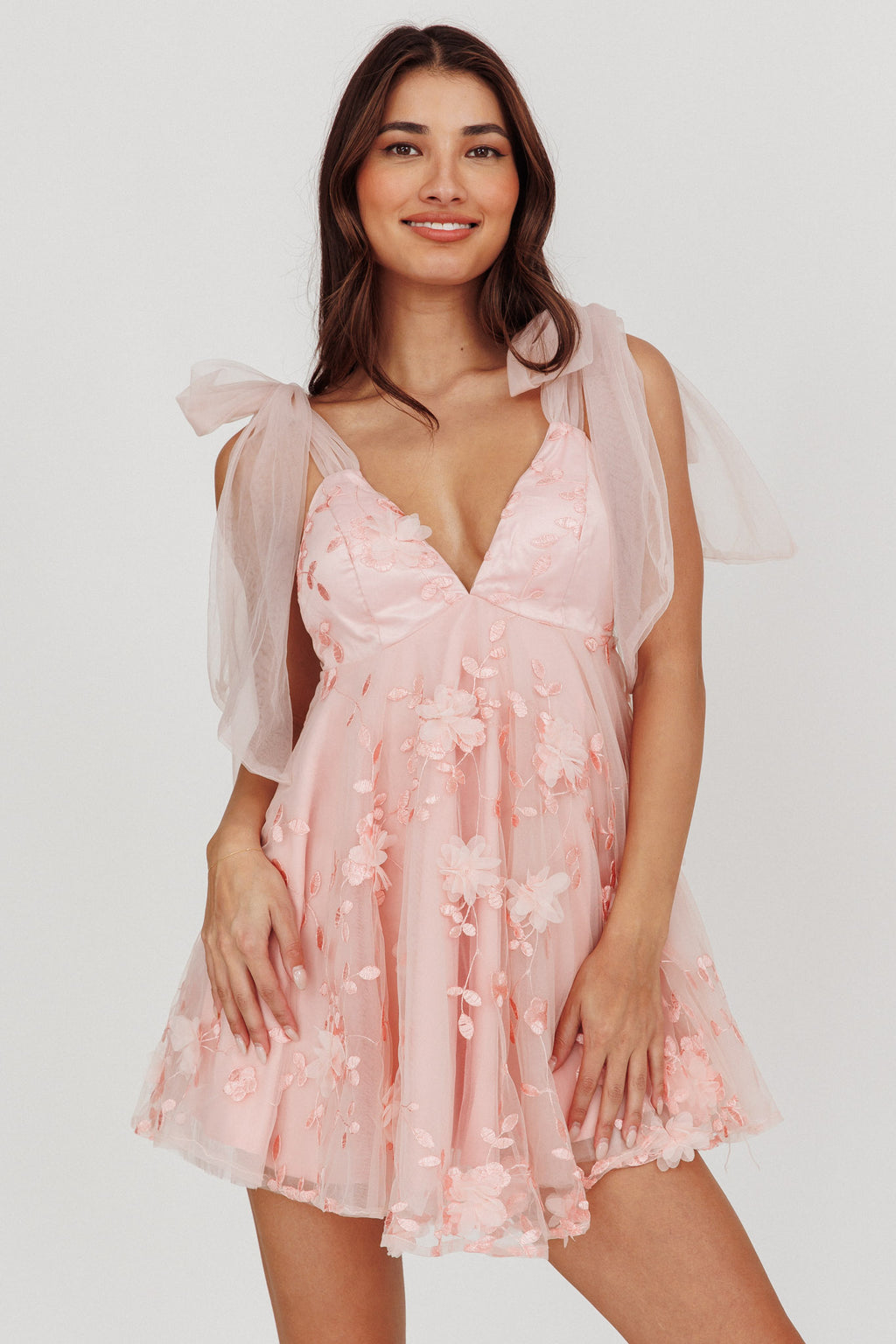 Chantilly Tied Shoulder Mini Dress Pink by Selfie Leslie Australia