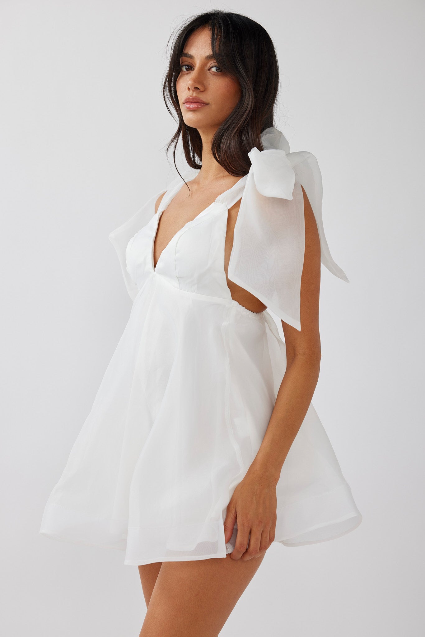 Chantilly Tied Shoulder Mini Dress Solid White by Selfie Leslie Australia