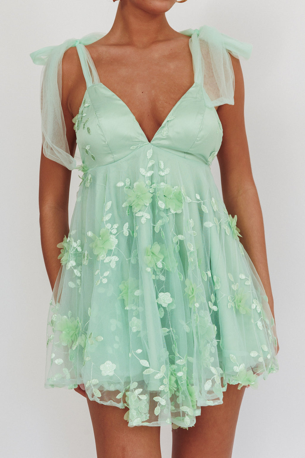 Chantilly Tied Shoulder Mini Dress Sage by Selfie Leslie Australia