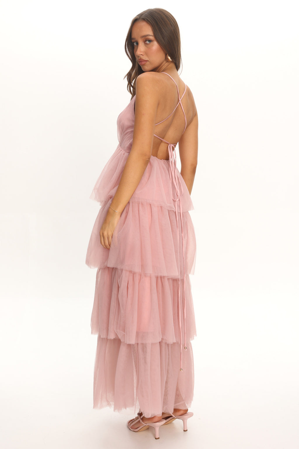 Auguste Tiered Frill Midi Dress Blush by Selfie Leslie Australia