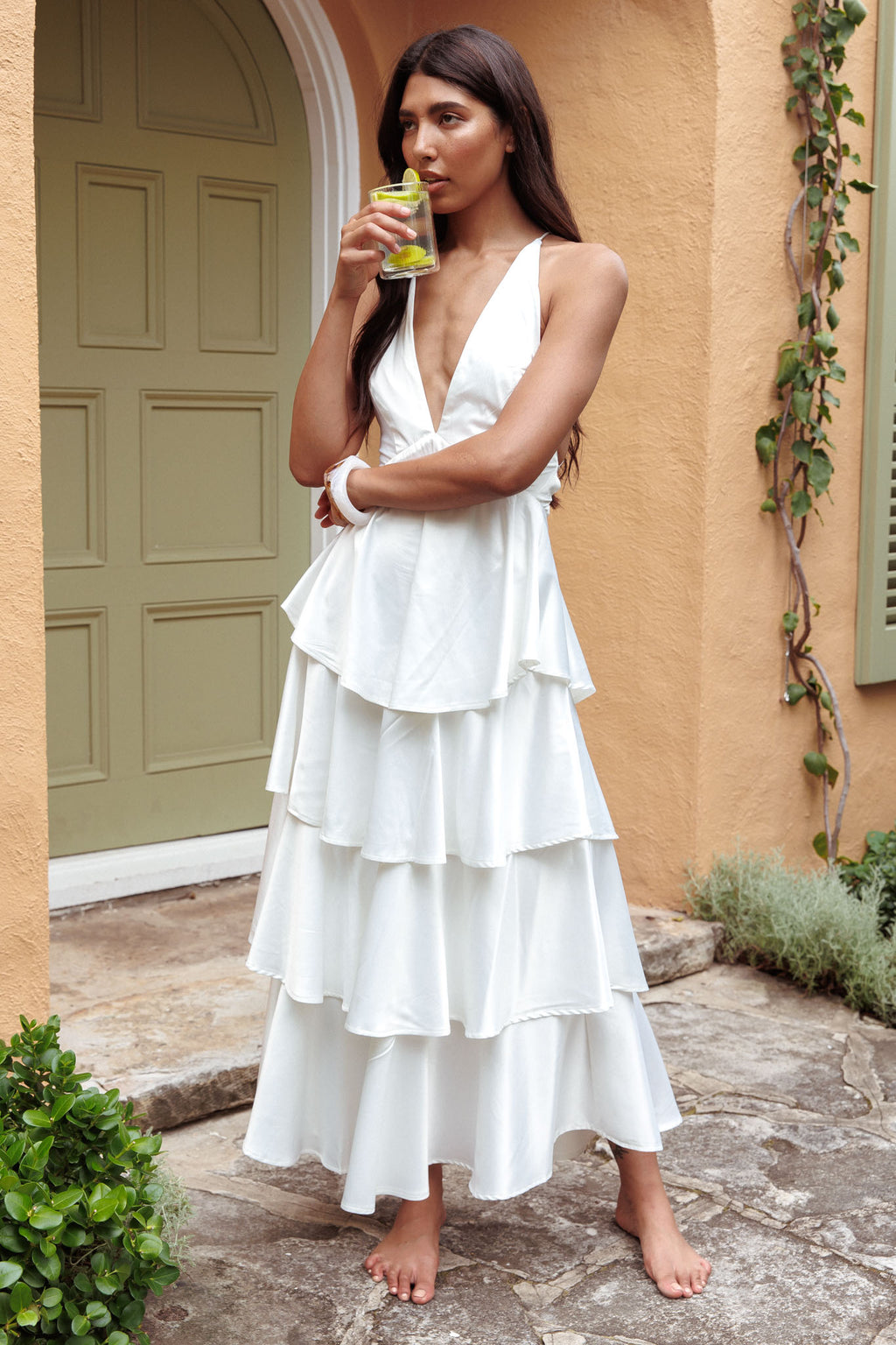 Auguste Tiered Frill Strappy Back Dress Ivory by Selfie Leslie Australia