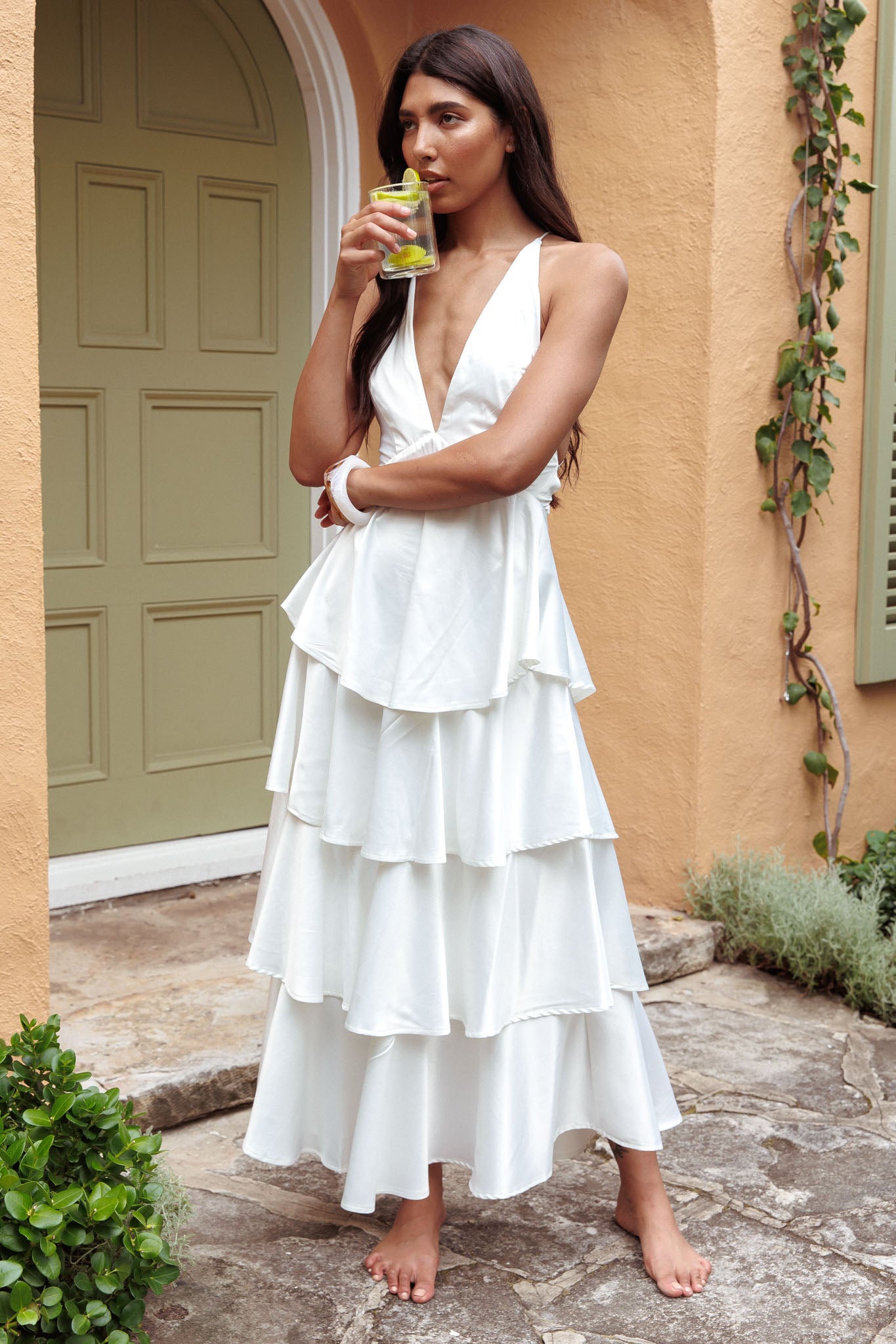 Auguste Tiered Frill Strappy Back Dress Ivory by Selfie Leslie Australia