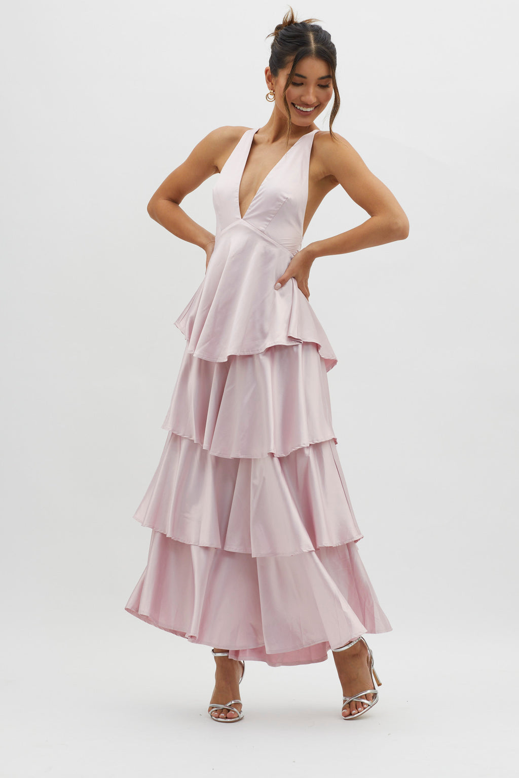 Auguste Tiered Frill Strappy Back Dress Blush by Selfie Leslie Australia