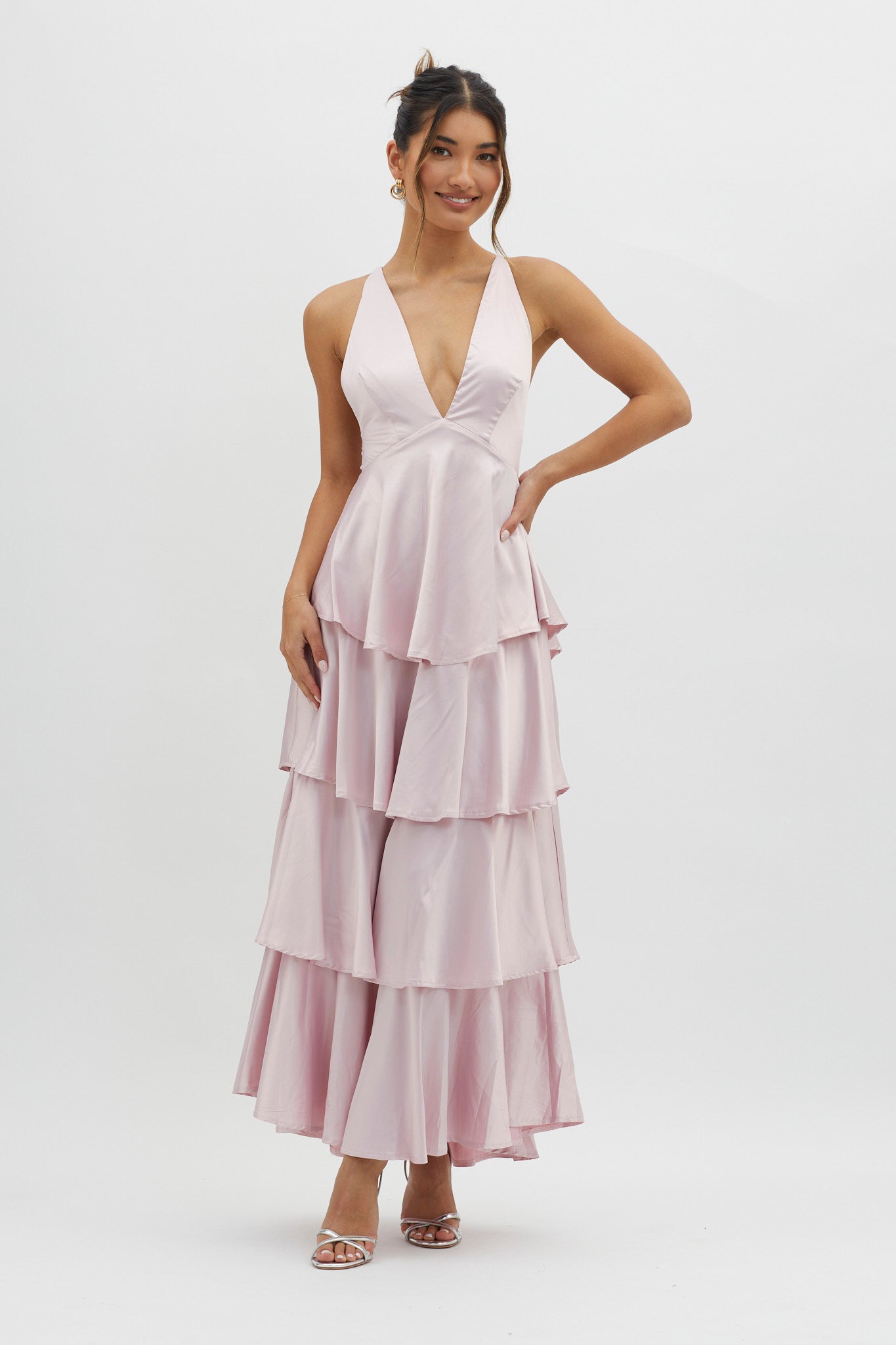 Auguste Tiered Frill Strappy Back Dress Blush by Selfie Leslie Australia