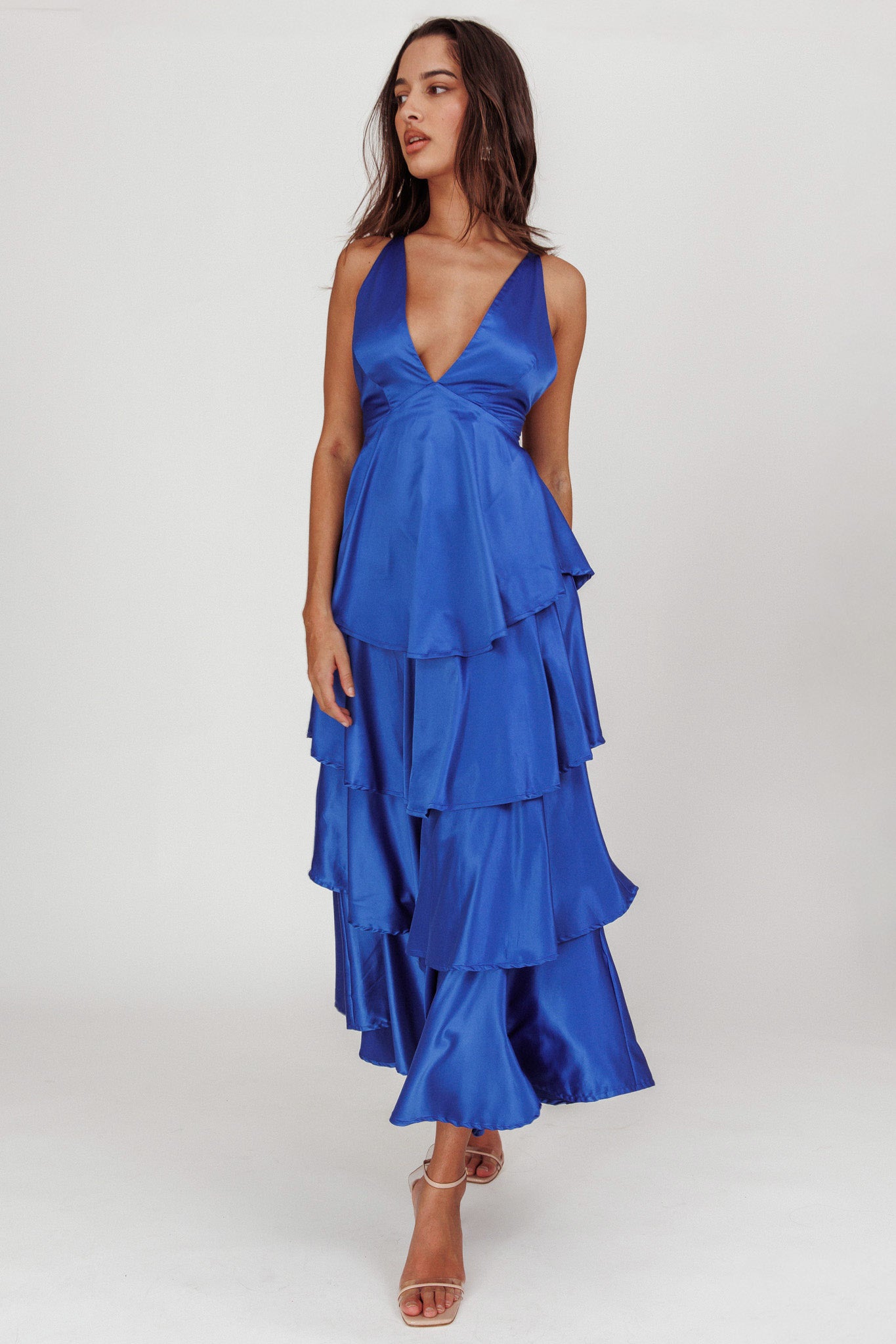 blue chiffon tea length dress Half Sleeve Dusty Mother of the Bride Back Zip Sleeve Length Mahiki Mayfair London Guest pleated hem dress Color:Green Club Dress