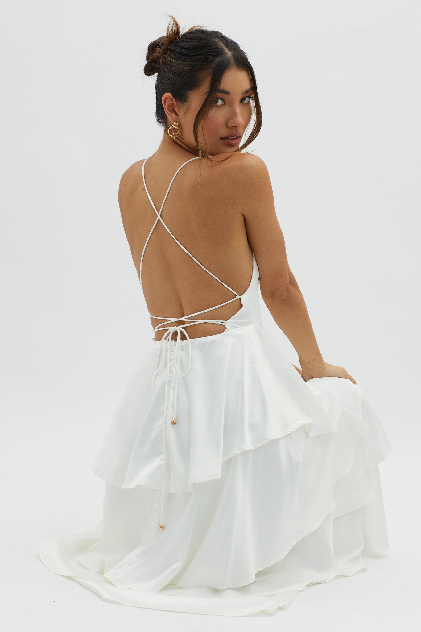 Auguste Tiered Frill Strappy Back Dress Ivory by Selfie Leslie Australia