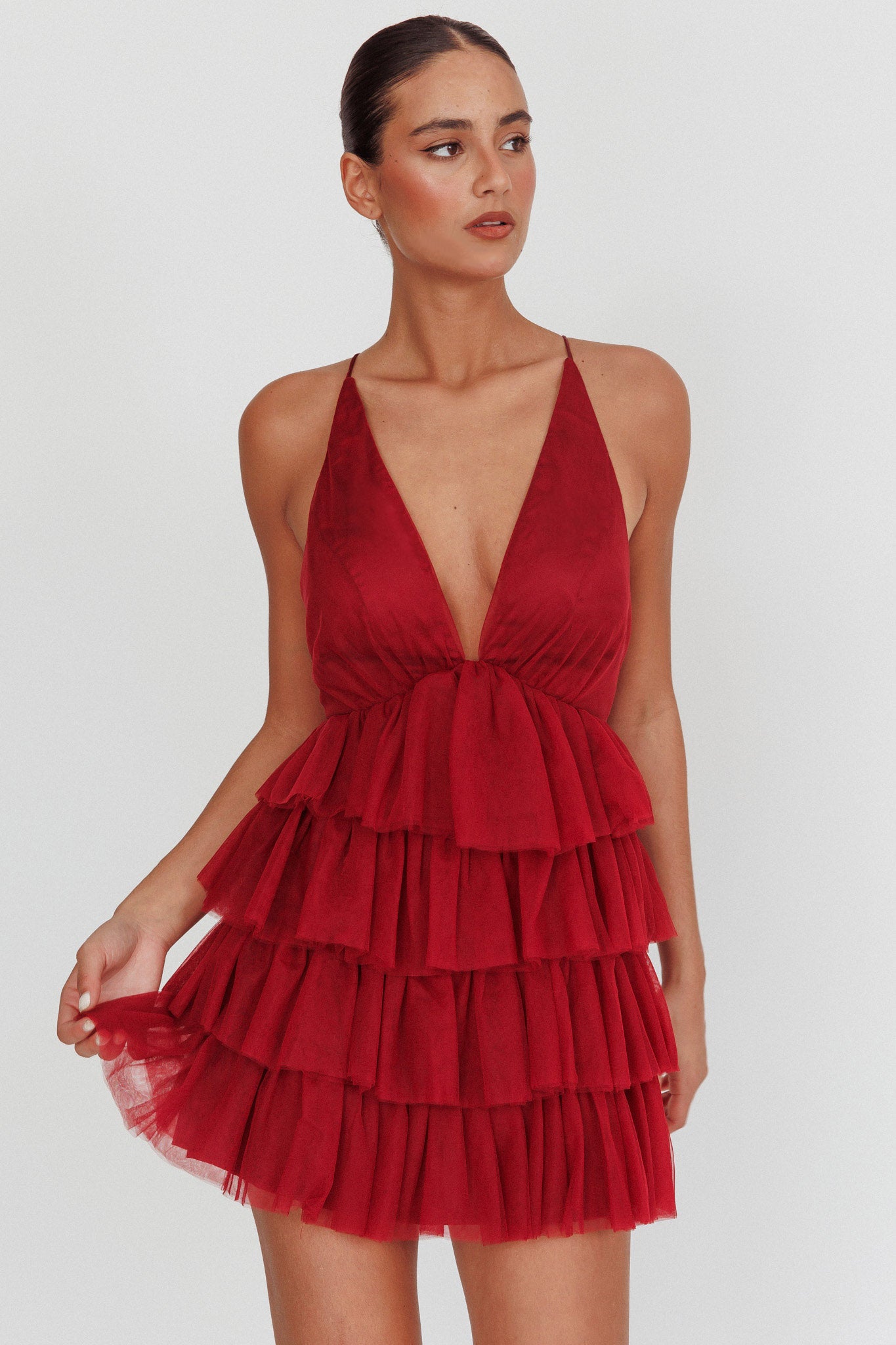 Auguste Tiered Frill Mini Dress Burgundy by Selfie Leslie Australia
