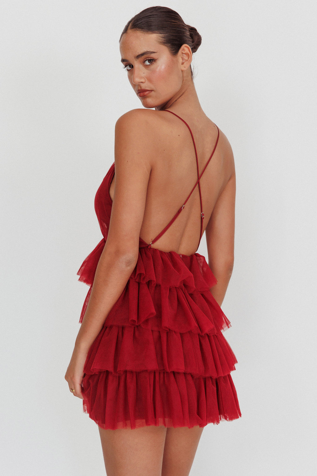 Auguste Tiered Frill Mini Dress Burgundy by Selfie Leslie Australia