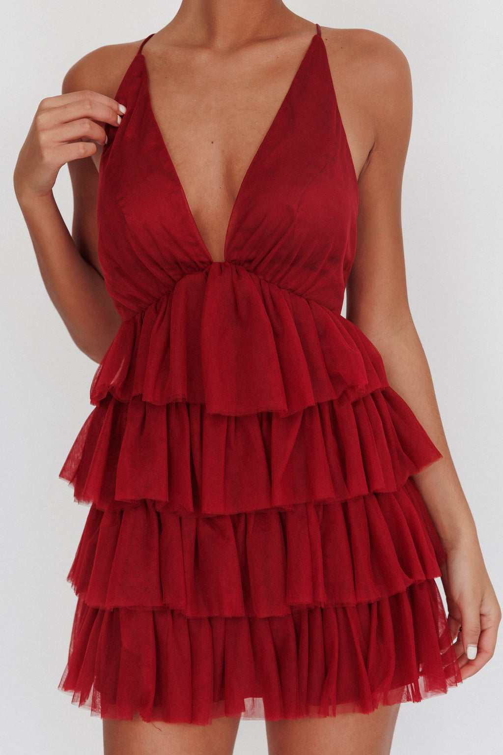Auguste Tiered Frill Mini Dress Burgundy by Selfie Leslie Australia