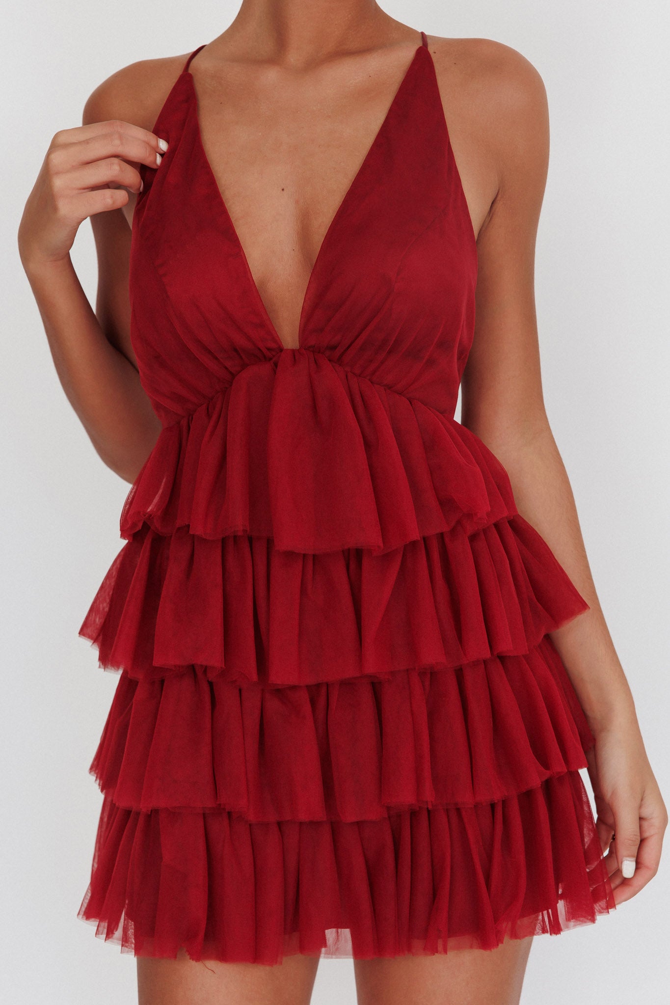 Auguste Tiered Frill Mini Dress Burgundy by Selfie Leslie Australia