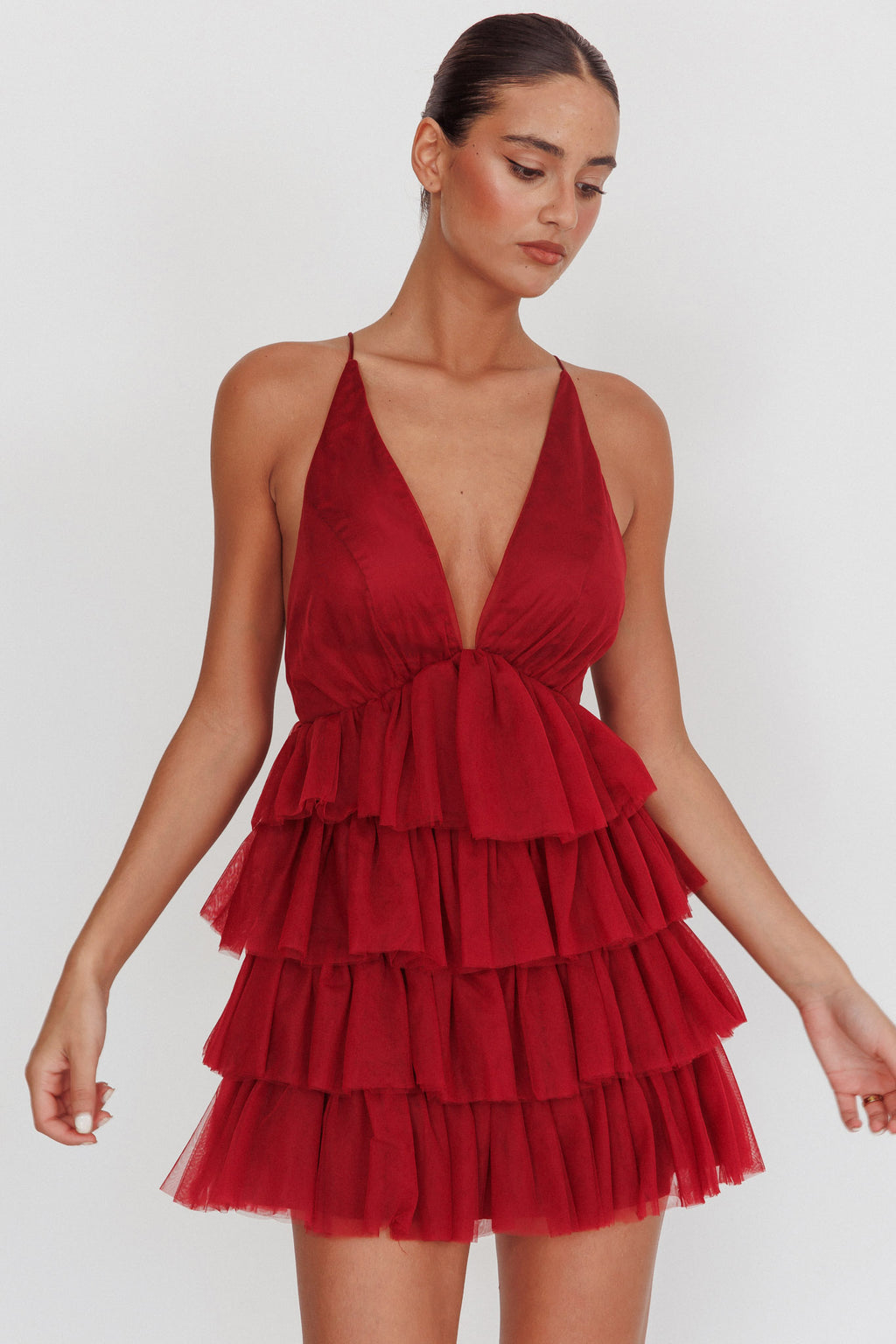 Auguste Tiered Frill Mini Dress Burgundy by Selfie Leslie Australia
