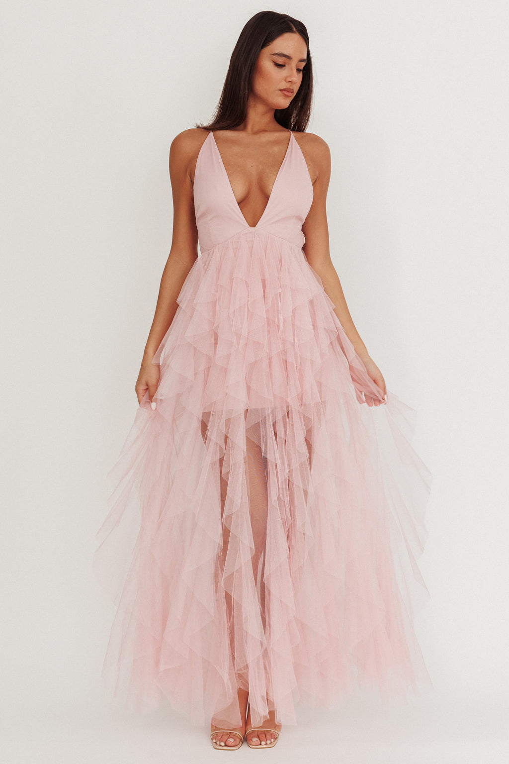 Auguste Cascading Frill Maxi Dress Blush by Selfie Leslie Australia