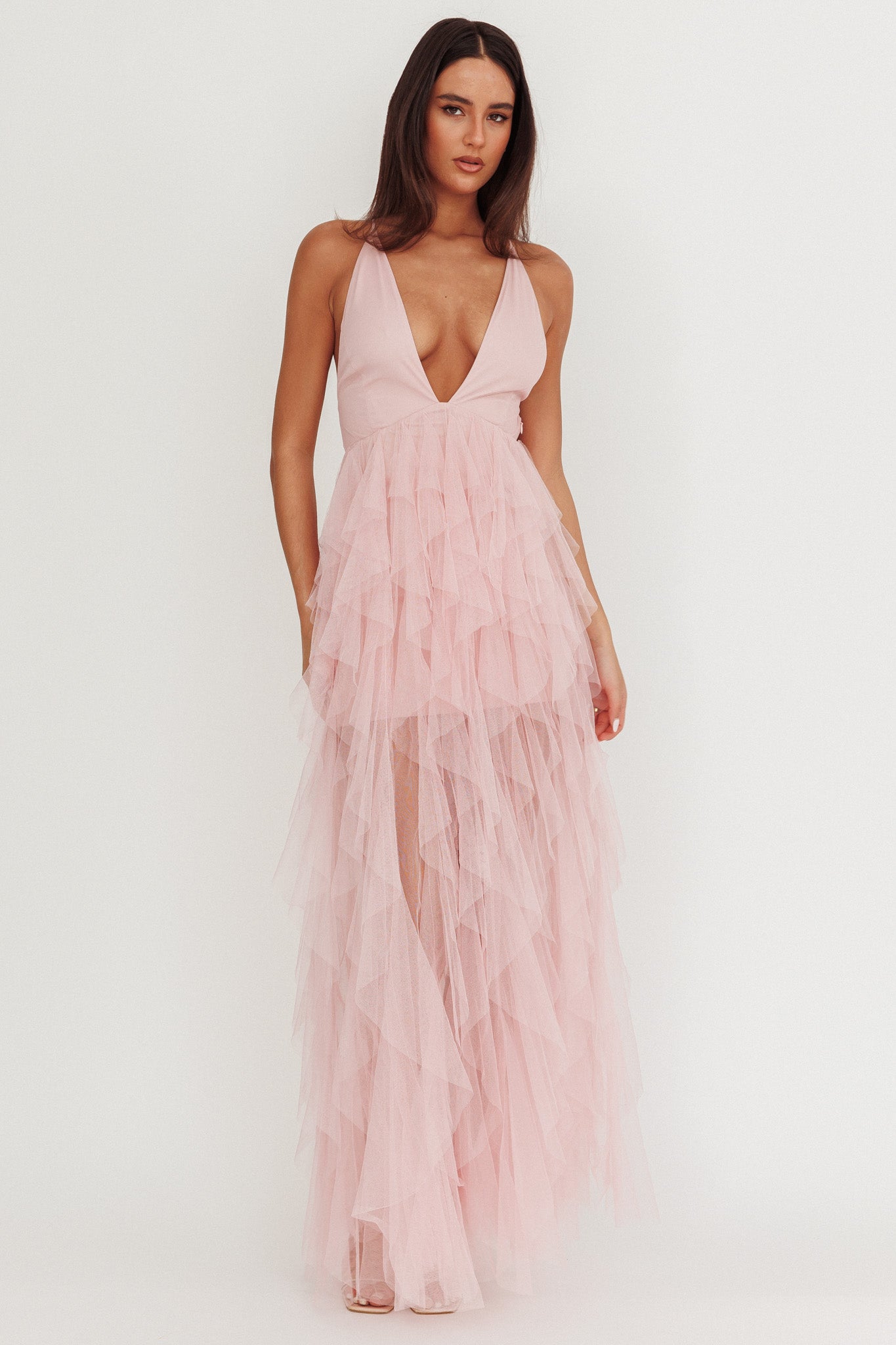 Auguste Cascading Frill Maxi Dress Blush by Selfie Leslie Australia