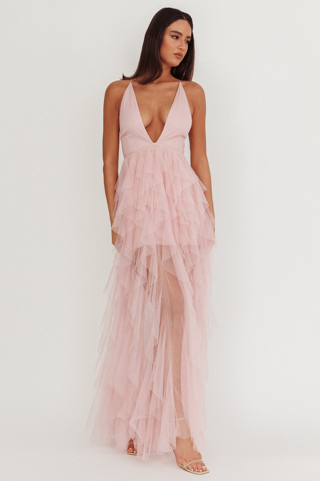 Auguste Cascading Frill Maxi Dress Blush by Selfie Leslie Australia