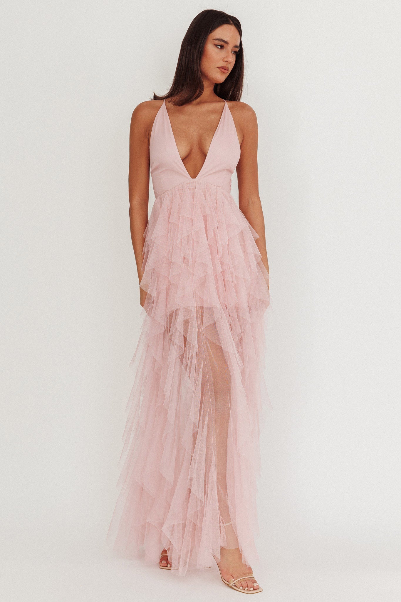 Auguste Cascading Frill Maxi Dress Blush by Selfie Leslie Australia
