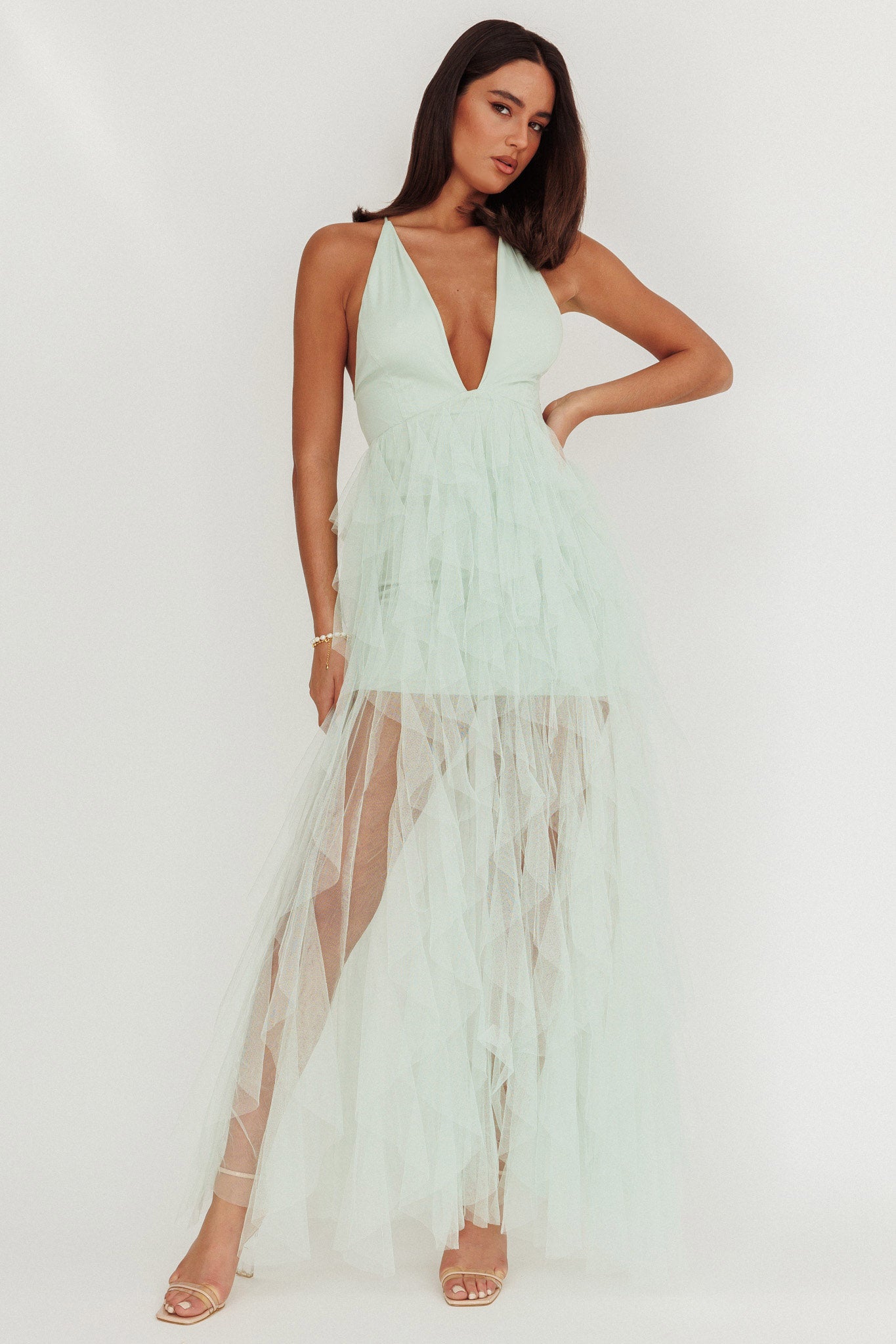 Auguste Cascading Frill Maxi Dress Mint by Selfie Leslie Australia