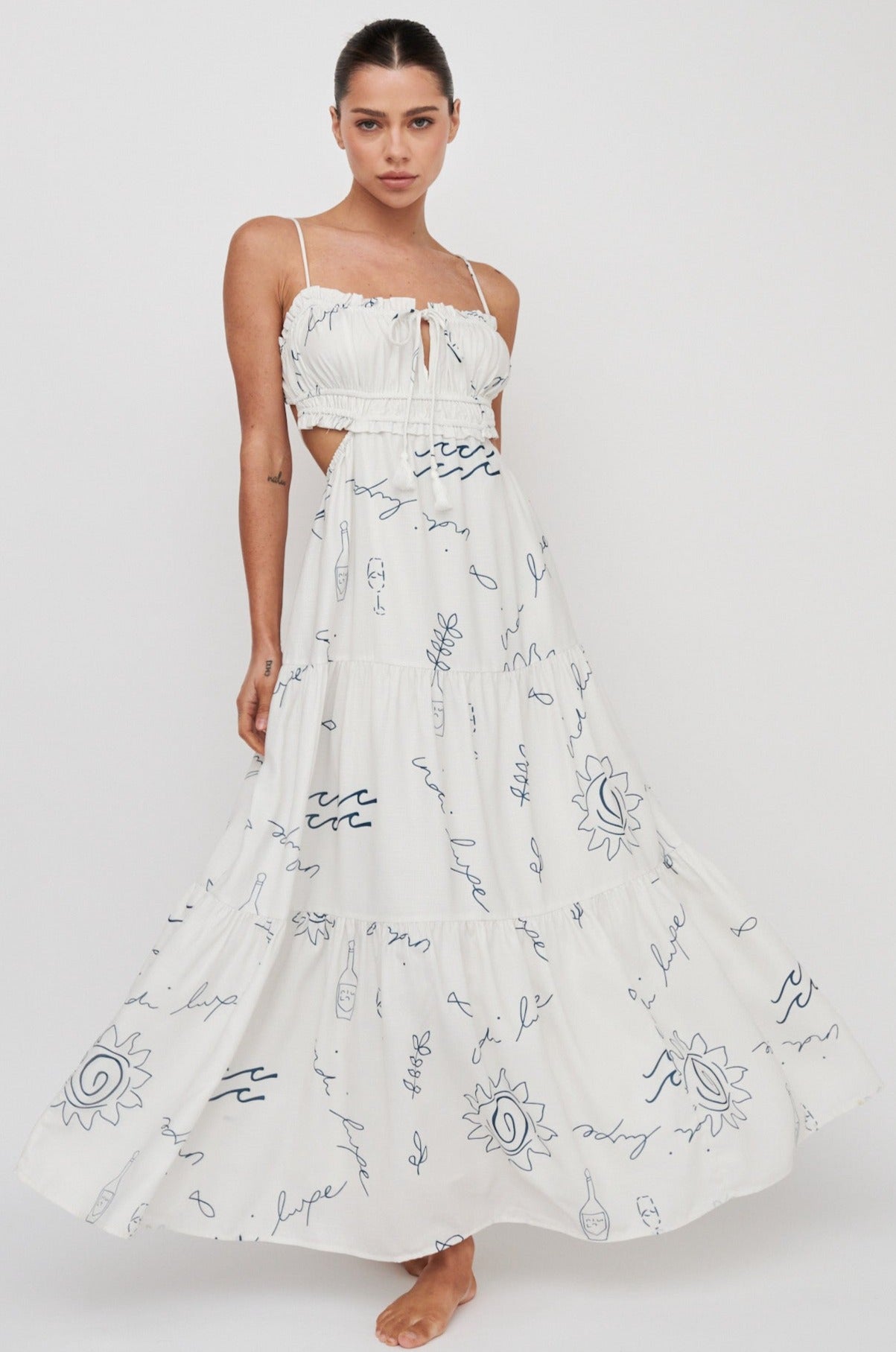 Eyona Cut-Out Back Tie Maxi Dress Print Cream Blue by Selfie Leslie Australia