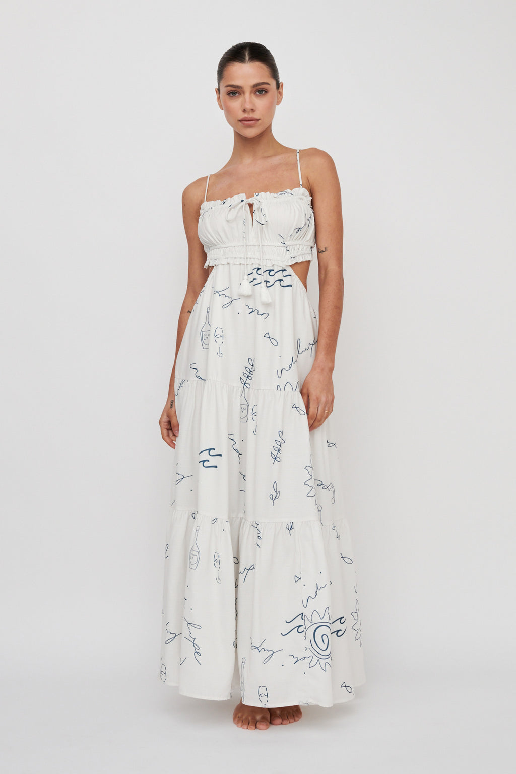 Eyona Cut-Out Back Tie Maxi Dress Print Cream Blue by Selfie Leslie Australia