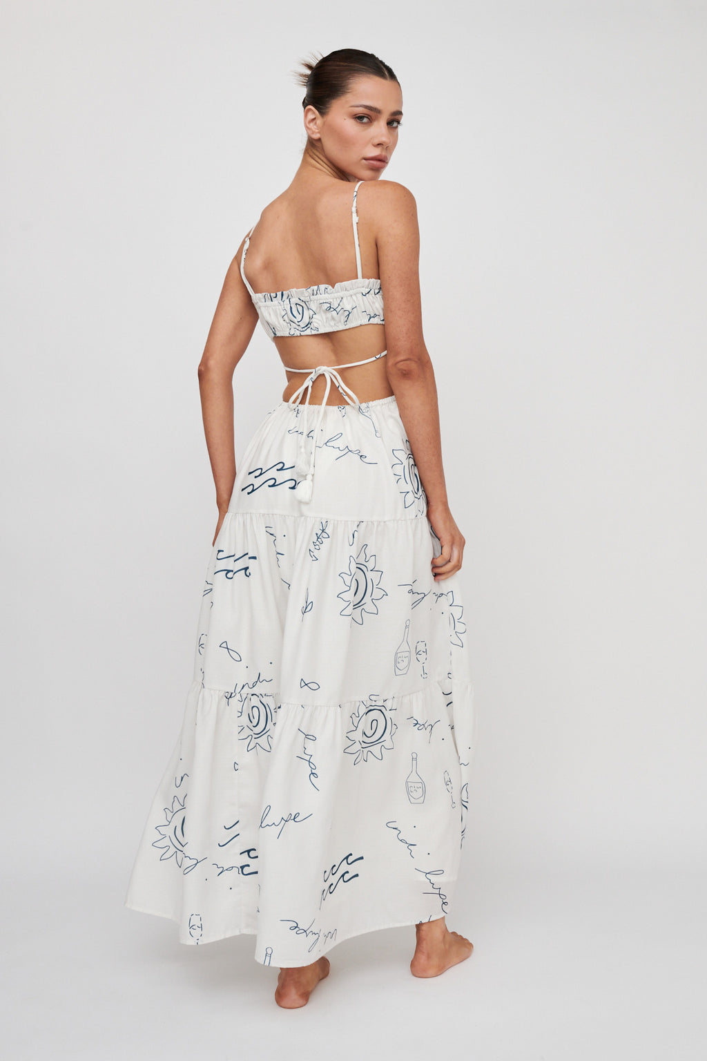 Eyona Cut-Out Back Tie Maxi Dress Print Cream Blue by Selfie Leslie Australia
