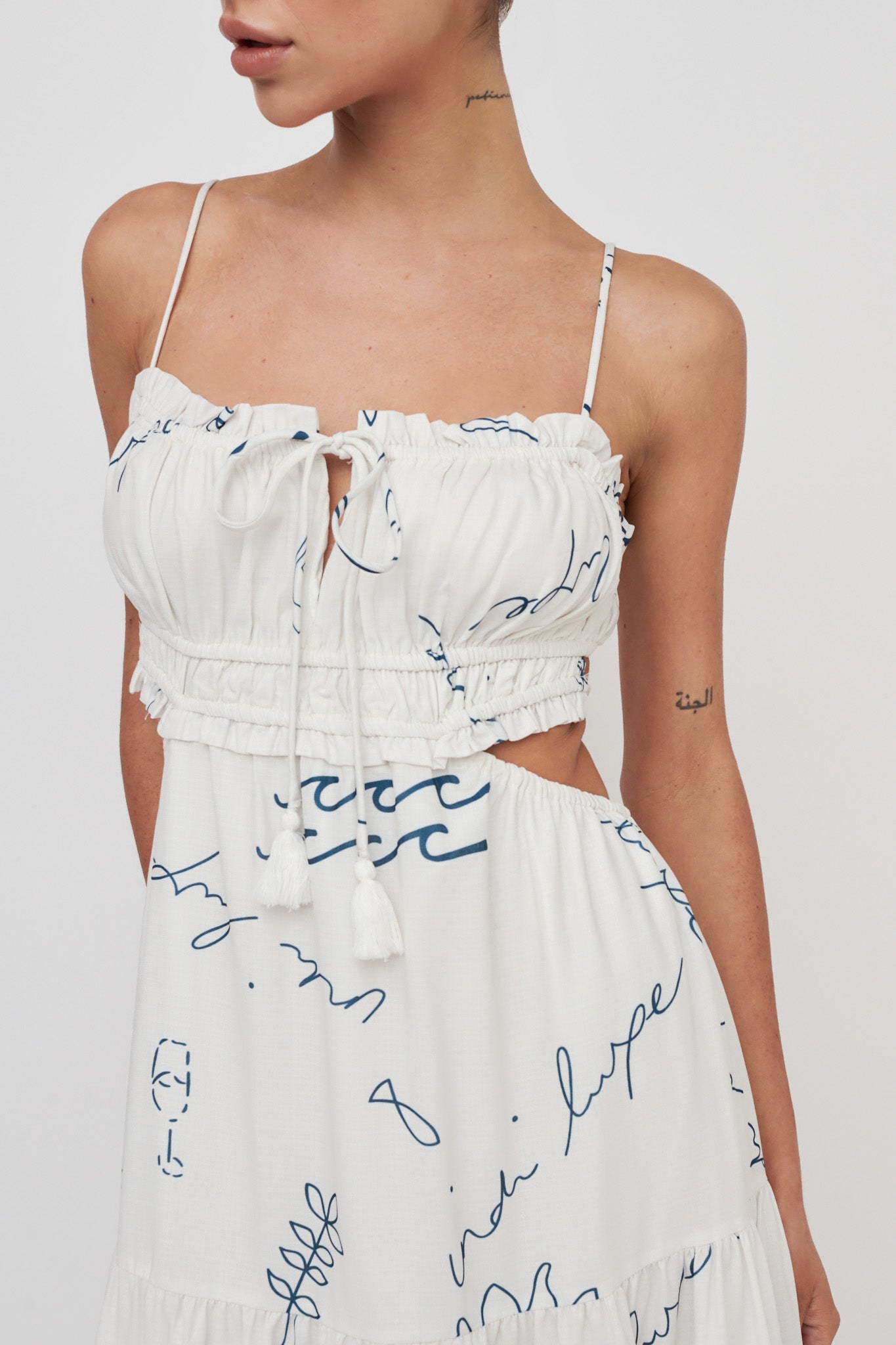 Eyona Cut-Out Back Tie Maxi Dress Print Cream Blue by Selfie Leslie Australia