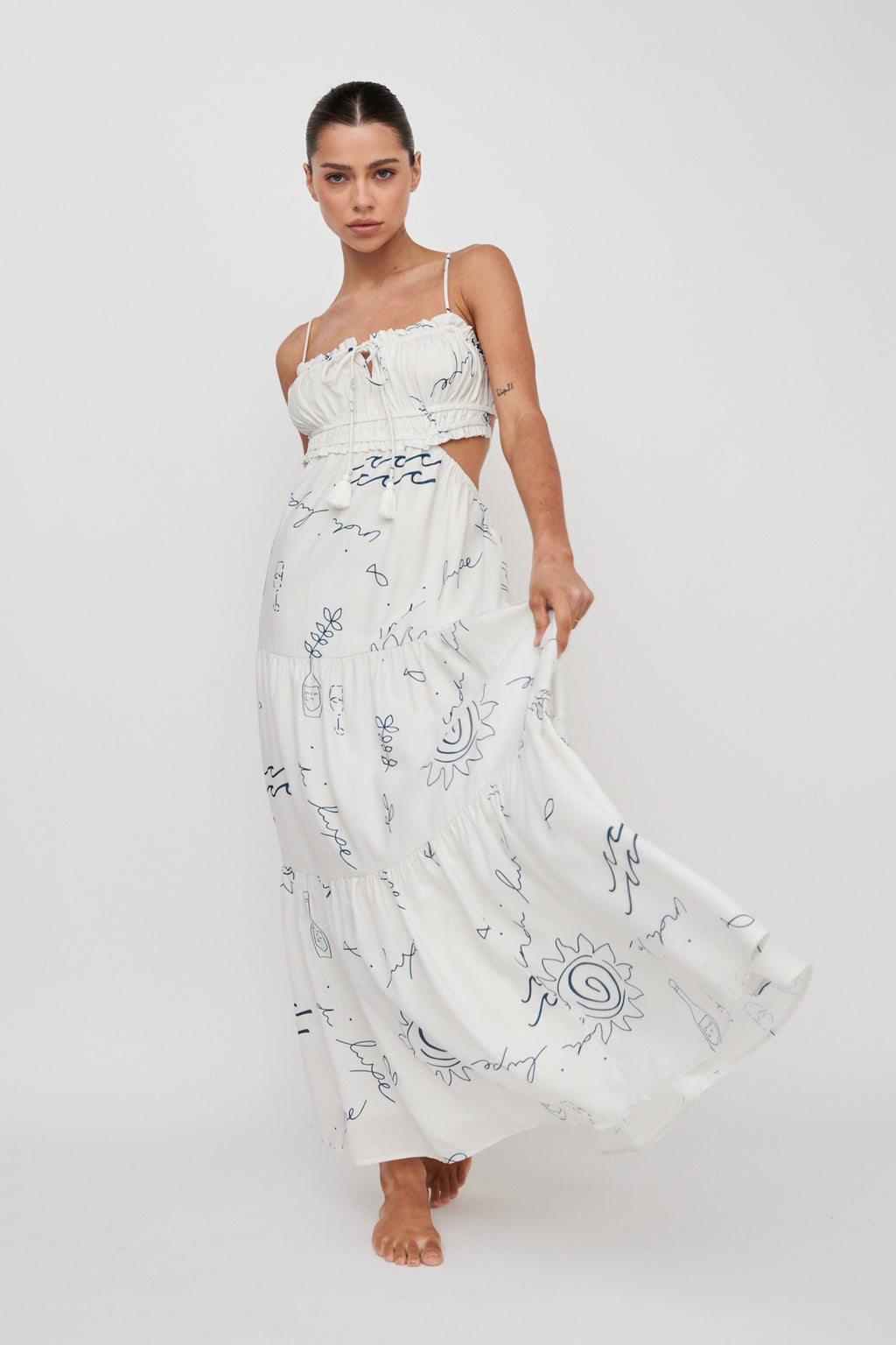 Eyona Cut-Out Back Tie Maxi Dress Print Cream Blue by Selfie Leslie Australia