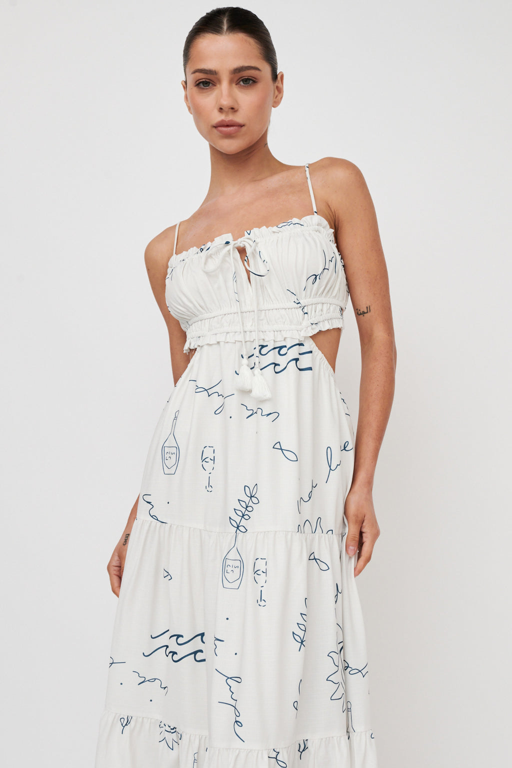 Eyona Cut-Out Back Tie Maxi Dress Print Cream Blue by Selfie Leslie Australia