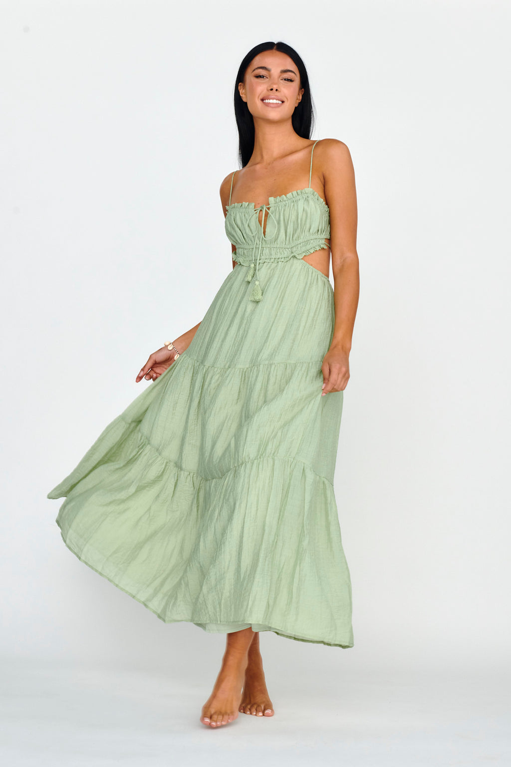 Eyona Cut-Out Waist Tie Maxi Dress Sage by Selfie Leslie Australia