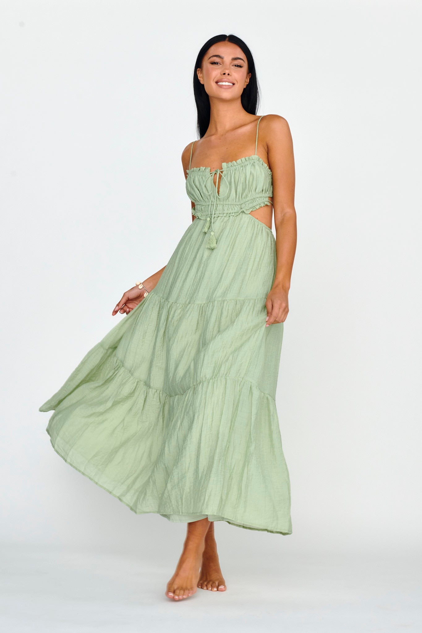 Eyona Cut-Out Waist Tie Maxi Dress Sage by Selfie Leslie Australia