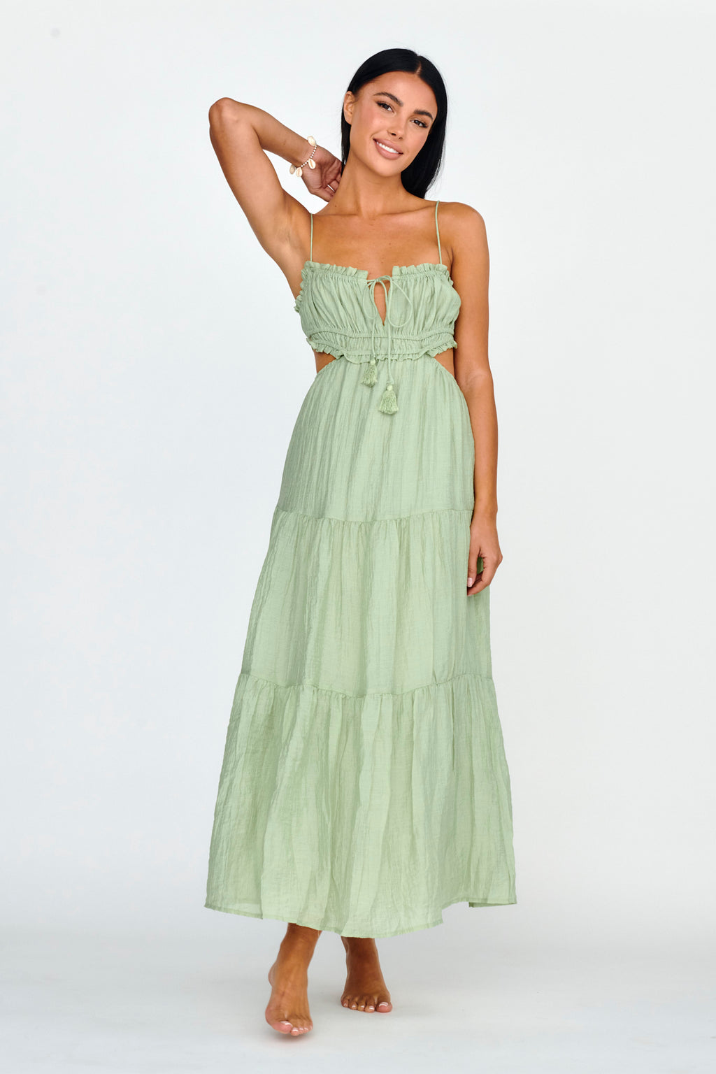 Eyona Cut-Out Waist Tie Maxi Dress Sage by Selfie Leslie Australia