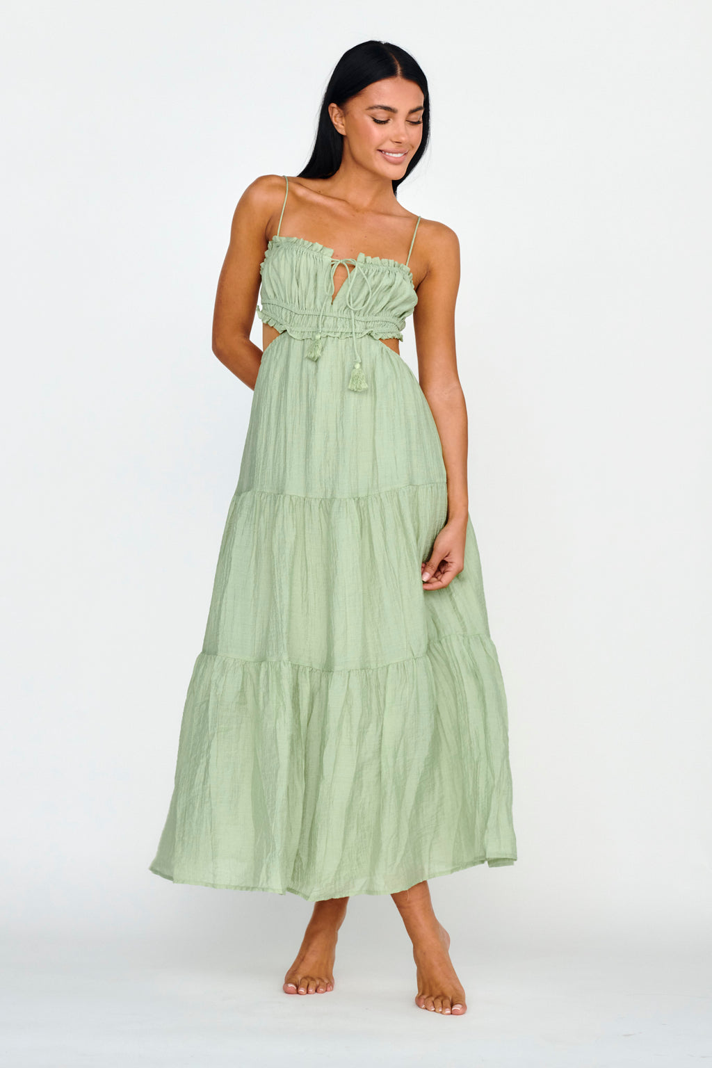 Eyona Cut-Out Waist Tie Maxi Dress Sage by Selfie Leslie Australia
