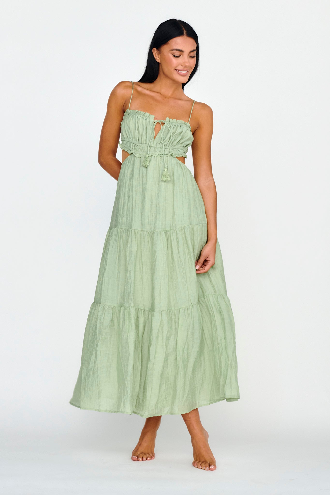 Eyona Cut-Out Waist Tie Maxi Dress Sage by Selfie Leslie Australia