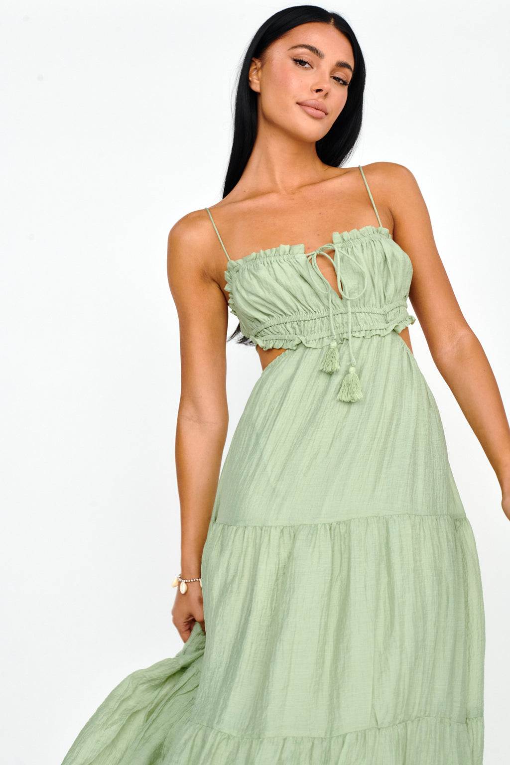 Eyona Cut-Out Waist Tie Maxi Dress Sage by Selfie Leslie Australia