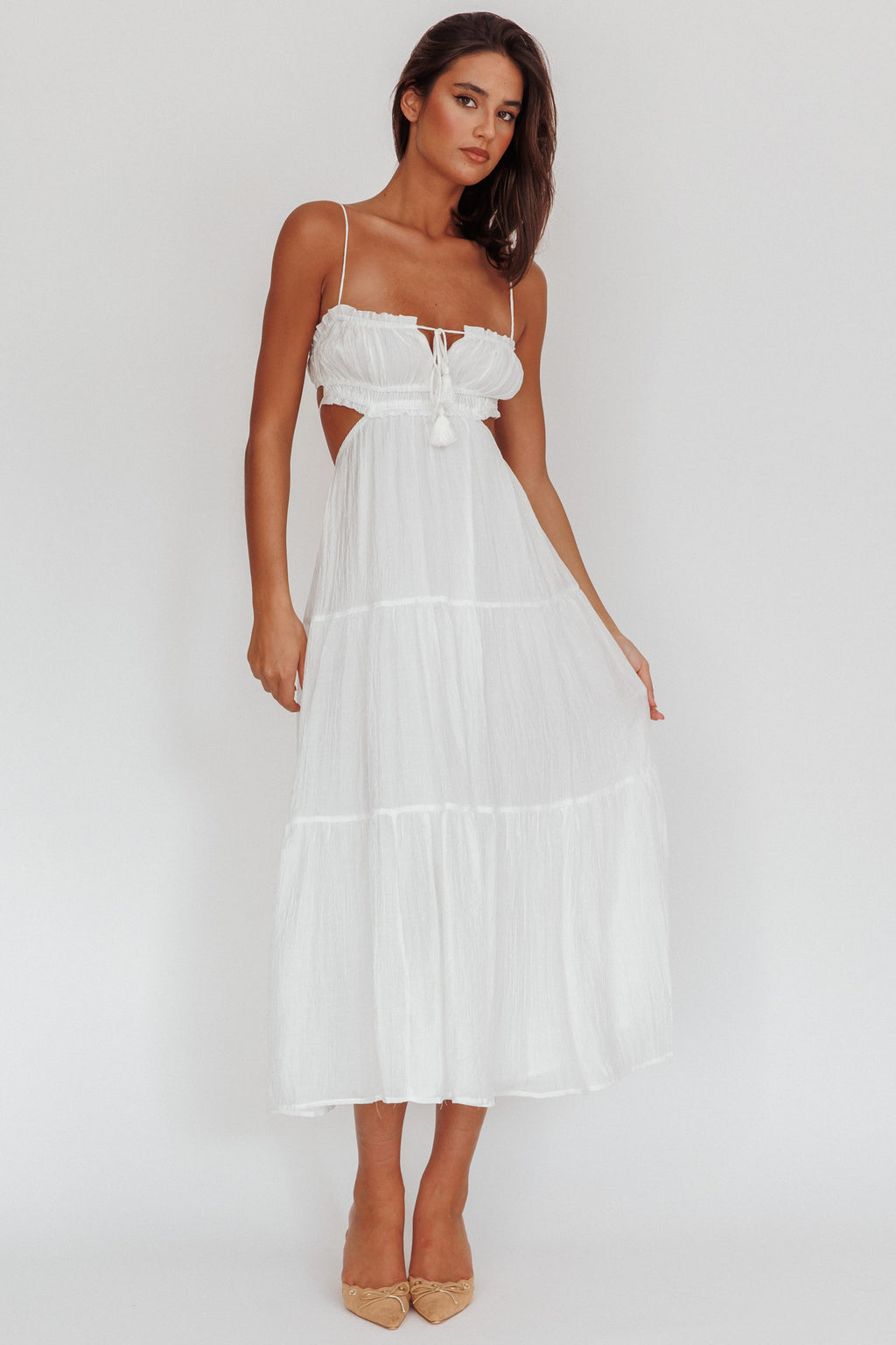 Eyona Cut-Out Waist Tie Maxi Dress White by Selfie Leslie Australia