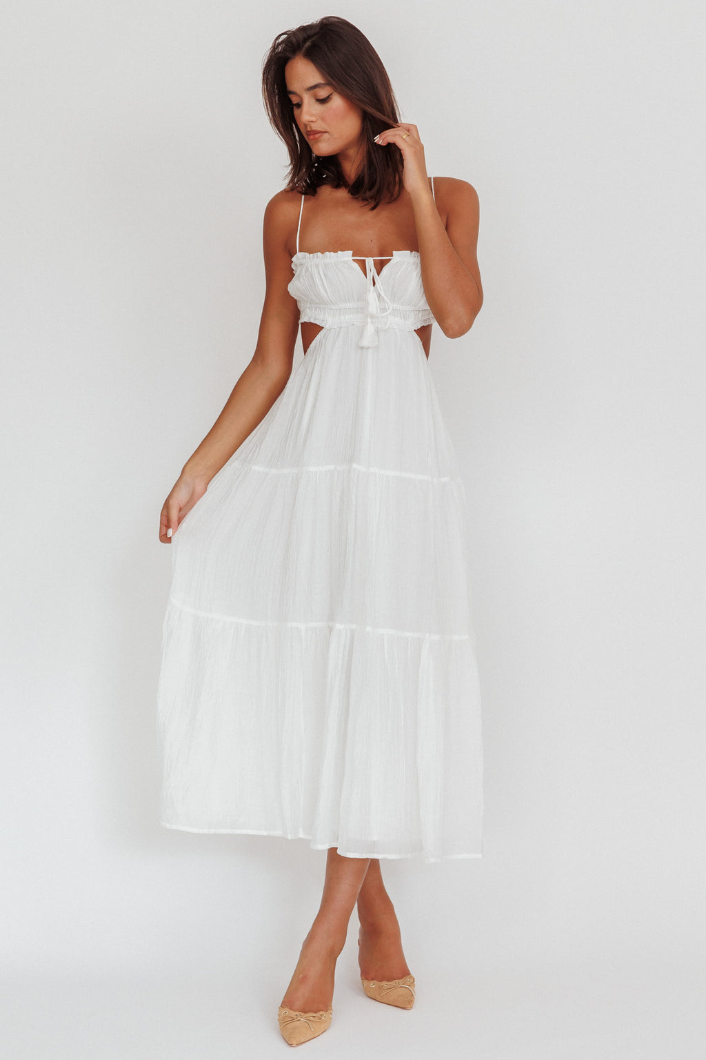 Eyona Cut-Out Waist Tie Maxi Dress White by Selfie Leslie Australia