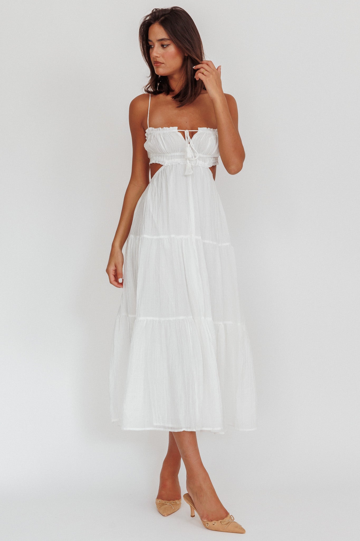 Eyona Cut-Out Waist Tie Maxi Dress White by Selfie Leslie Australia