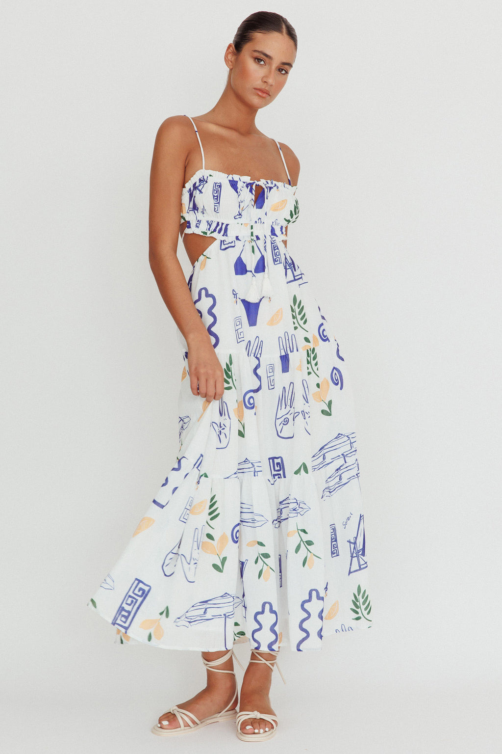 Eyona Cut-Out Back Print Maxi Dress White by Selfie Leslie Australia