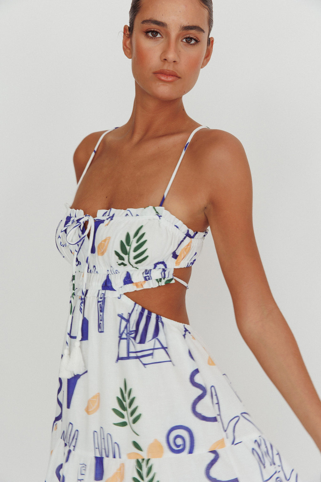 Eyona Cut-Out Back Print Maxi Dress White by Selfie Leslie Australia
