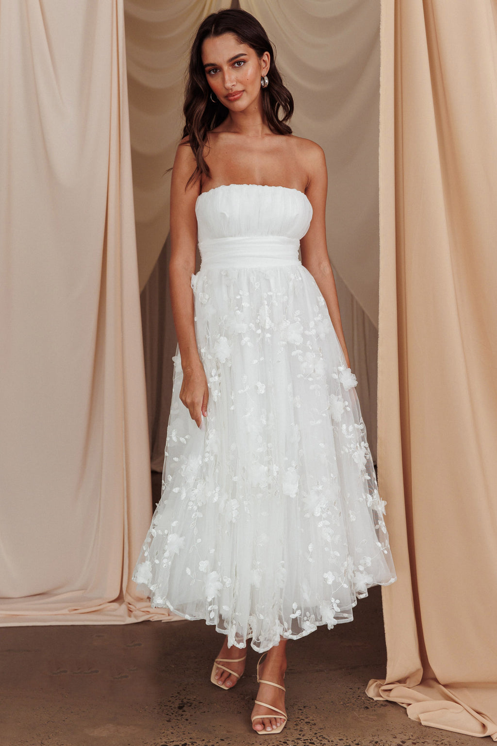 Fayette Strapless Mesh Midi Dress Embellished White by Selfie Leslie Australia