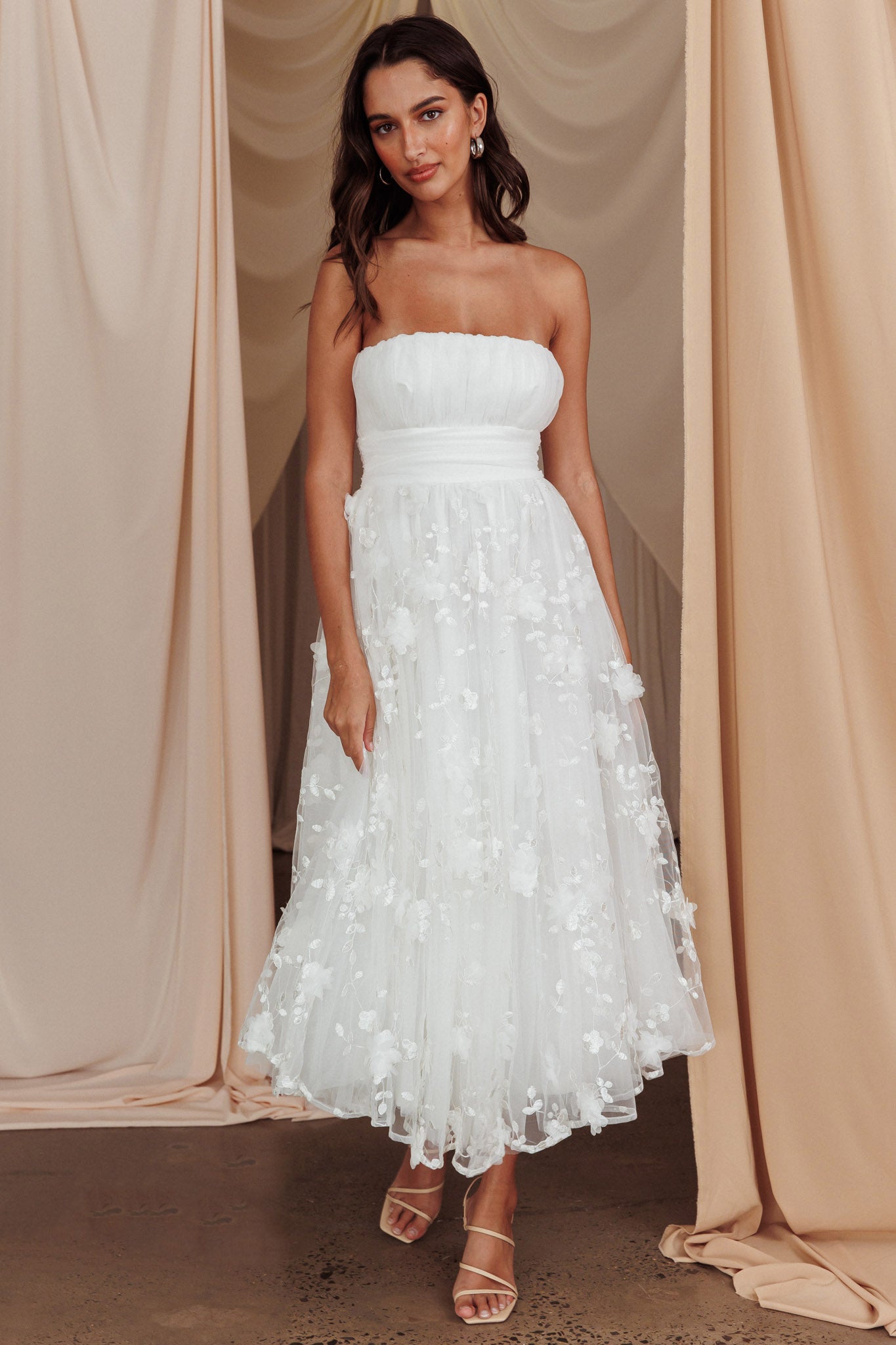Fayette Strapless Mesh Midi Dress Embellished White by Selfie Leslie Australia