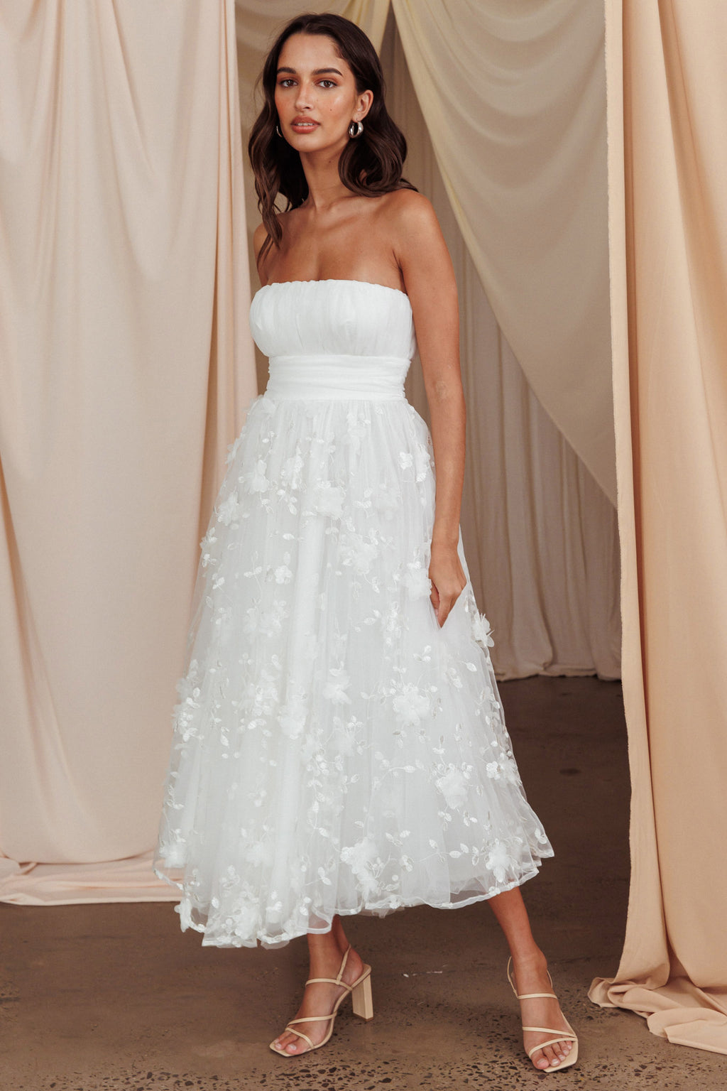 Fayette Strapless Mesh Midi Dress Embellished White by Selfie Leslie Australia