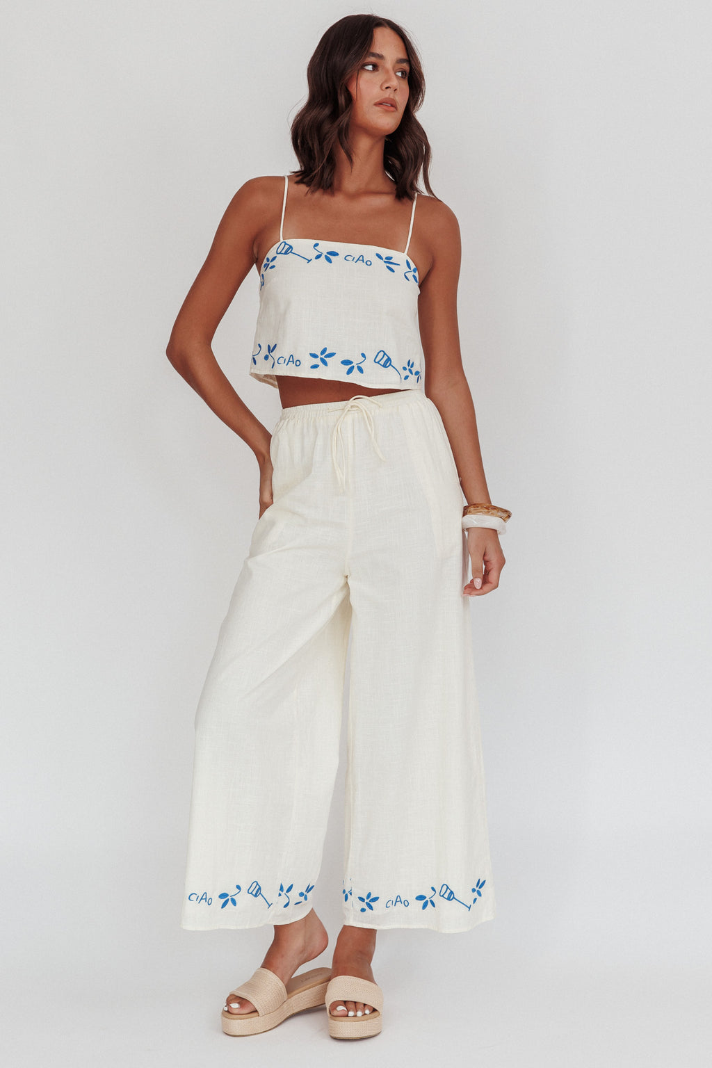 Sorrento Summer Embroidered Wide-Leg Pants Beige by Selfie Leslie Australia
