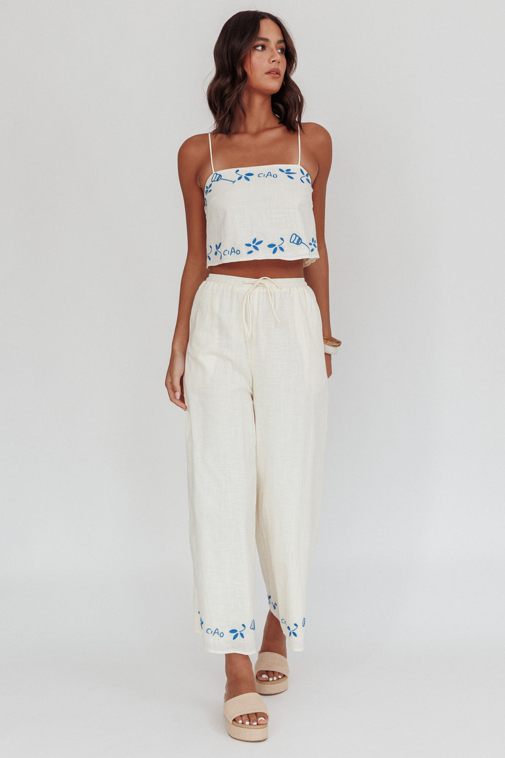 Sorrento Summer Embroidered Wide-Leg Pants Beige by Selfie Leslie Australia