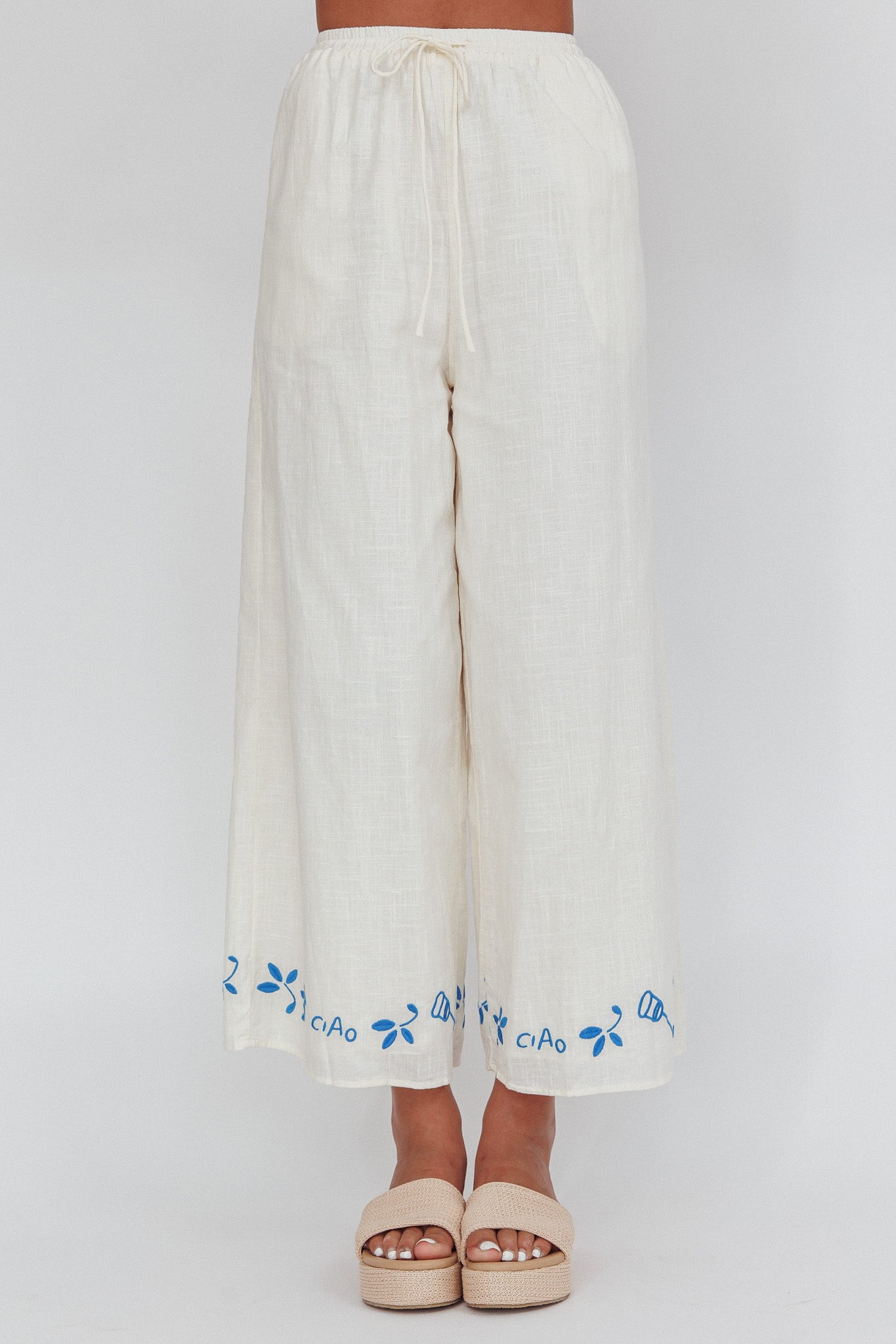 Sorrento Summer Embroidered Wide-Leg Pants Beige by Selfie Leslie Australia