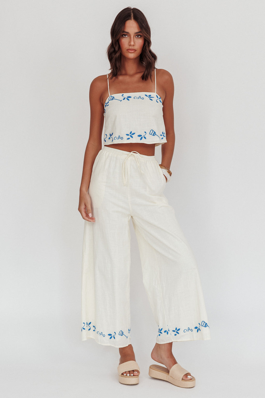 Sorrento Summer Embroidered Wide-Leg Pants Beige by Selfie Leslie Australia