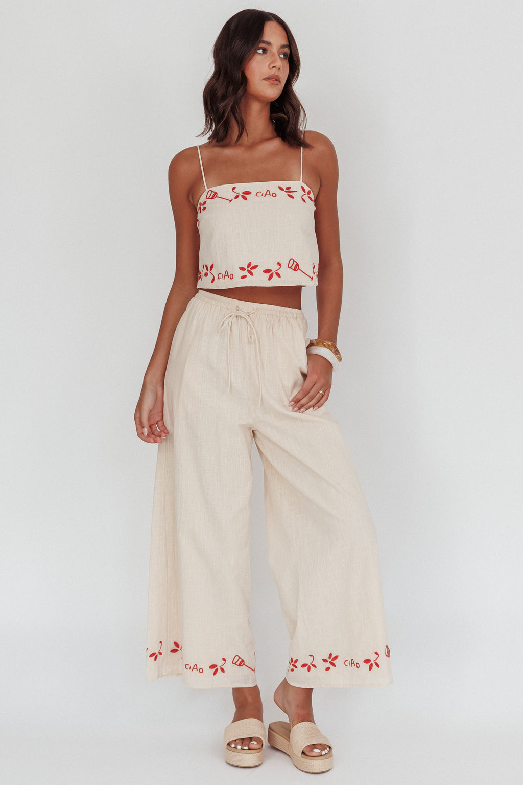 Sorrento Summer Embroidered Wide-Leg Pants Oat by Selfie Leslie Australia