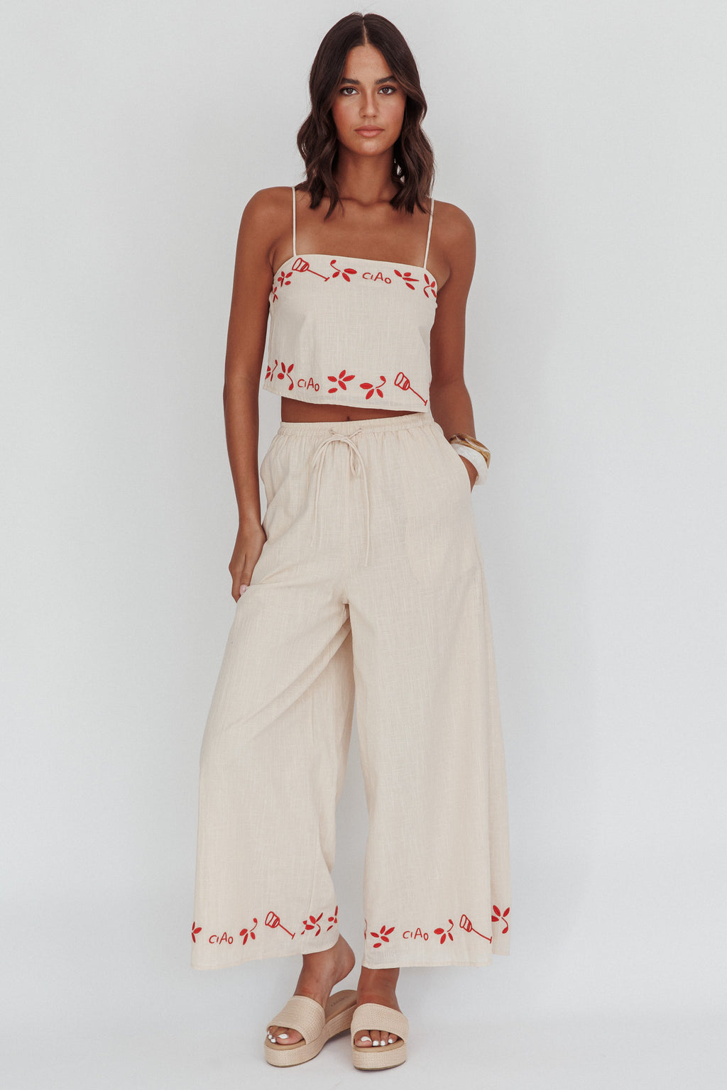 Sorrento Summer Embroidered Wide-Leg Pants Oat by Selfie Leslie Australia