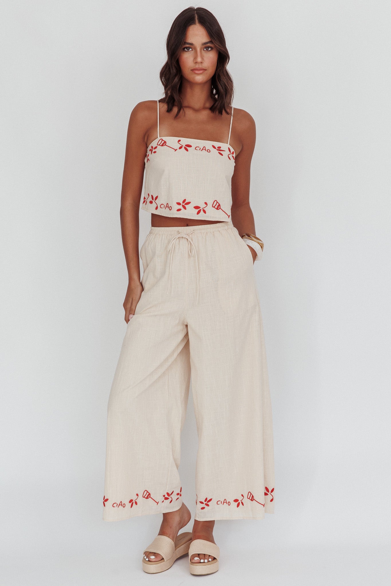 Sorrento Summer Embroidered Wide-Leg Pants Oat by Selfie Leslie Australia