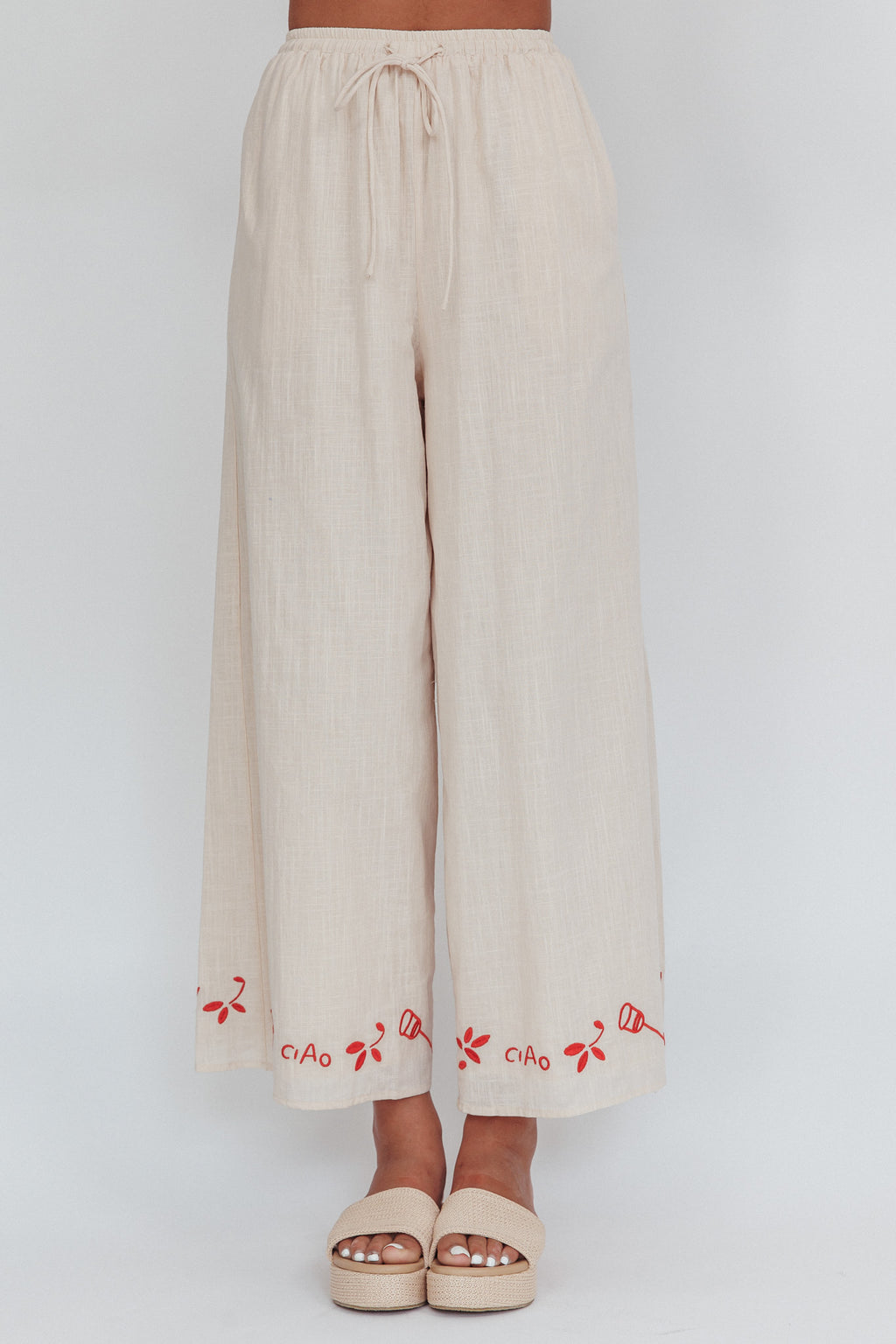 Sorrento Summer Embroidered Wide-Leg Pants Oat by Selfie Leslie Australia