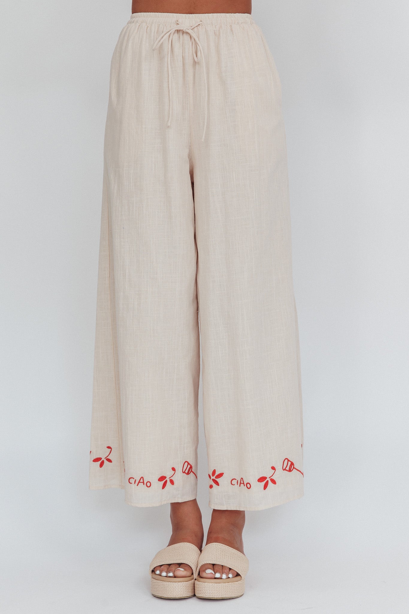 Sorrento Summer Embroidered Wide-Leg Pants Oat by Selfie Leslie Australia