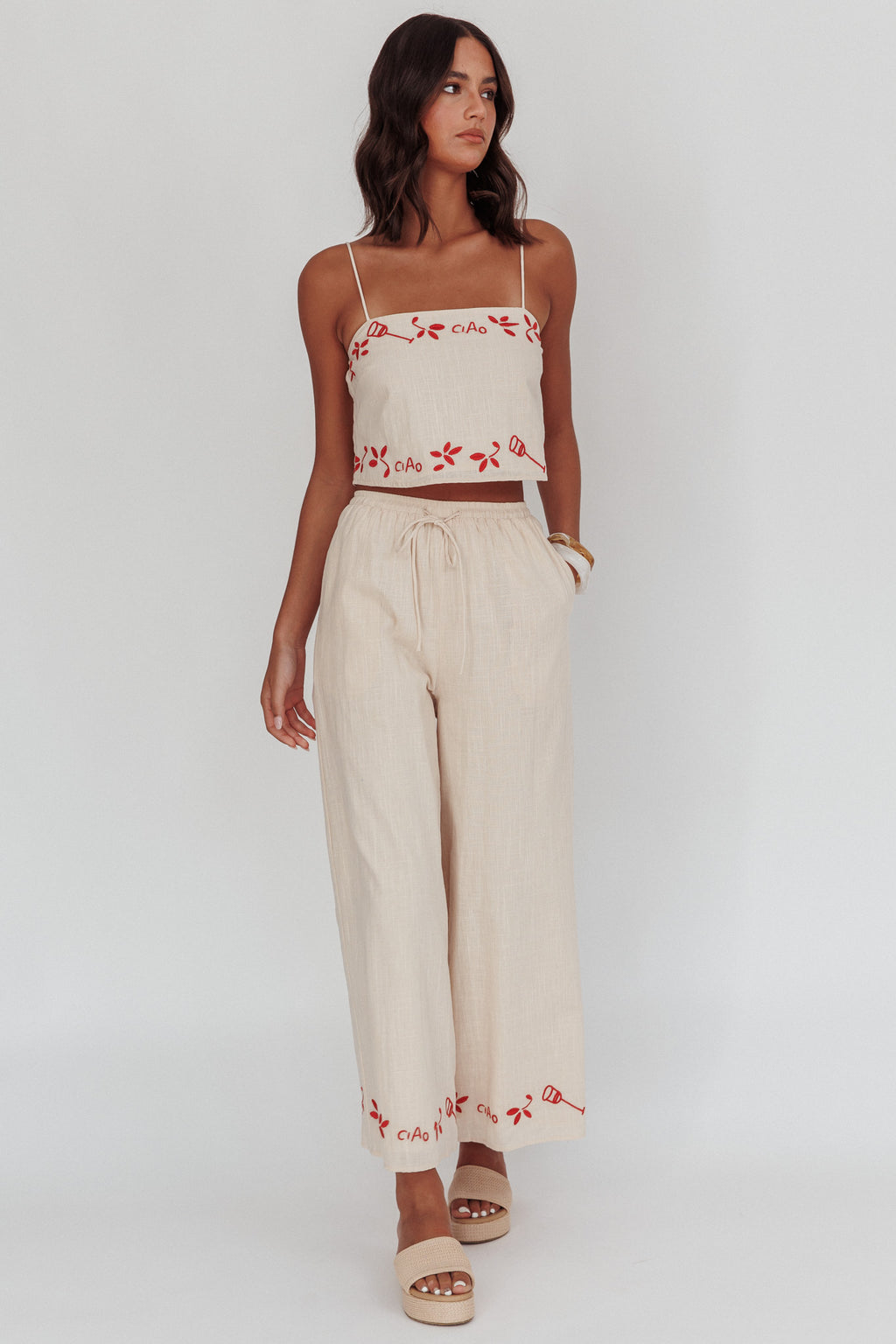 Sorrento Summer Embroidered Wide-Leg Pants Oat by Selfie Leslie Australia